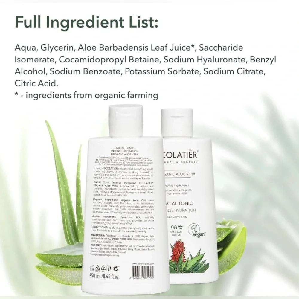 ECOLATIẼR Facial Tonic Intense Hydration Formula with Organic Aloe Vera